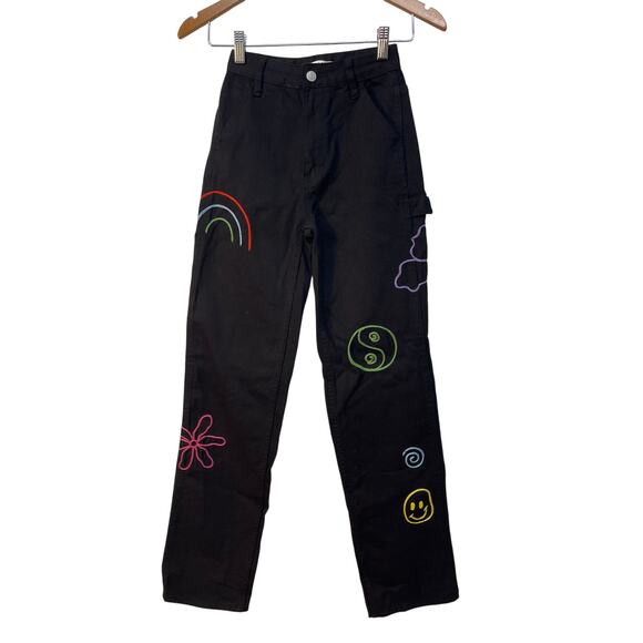 PacSun Juniors 90’s BF Carpenter Jeans Color Black with Multicolor designs 22 - Picture 1 of 13